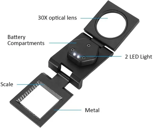 Miniatura 3 de Lupa de 30X para joyeros, lupa plegable portátil de bolsillo con luz LED, lupa de aleación de zinc para reparación de computadora, herramienta