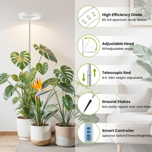 Miniatura 6 de Kullsinss Luz de Cultivo Blanca, Luces LED de Espectro Completo para Cultivo en Interior con Temporizador de 6/12/16H, 3 Modos de Color, 5 Niveles