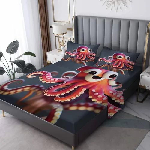 Juego de sábanas de pulpo, tamaño individual, sábanas de dibujos animados de tentáculos, sábanas y fundas de almohada de 3 piezas, sábana bajera