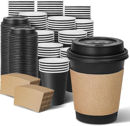 Ginkgo Tazas de papel desechables para café de 8 onzas (paquete de 100) con tapas y mangas, resistentes al calor, a prueba de fugas, tazas de papel