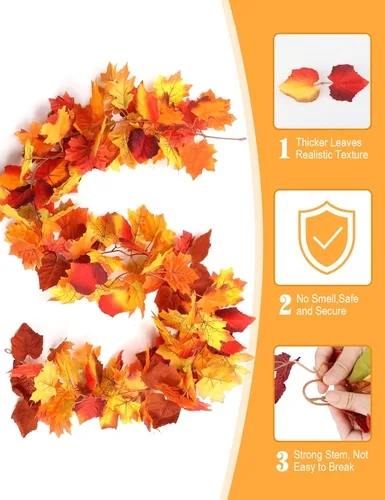 Miniatura 2 de joyhalo Paquete de 5 guirnaldas de hojas de otoño para el hogar, guirnalda de hojas de arce, vid al aire libre, decoración de otoño para porche