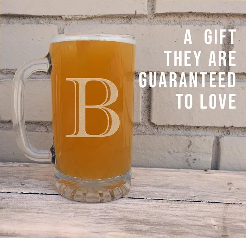 Miniatura 2 de Taza de cerveza de vidrio con monograma grabado de 16 onzas (letra B), regalos de cerveza personalizados de la A-Z para hombres, Día del Padre