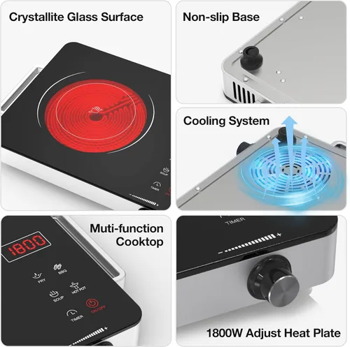 Miniatura 4 de WABK Placa eléctrica portátil, quemador de encimera infrarrojo de 1800 W con asa, estufa eléctrica de un solo quemador de 110 V con perilla