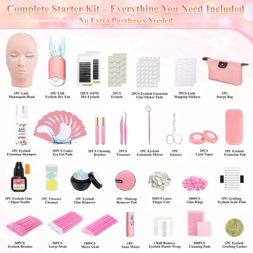 Miniatura 2 de Kits de extensiones de pestañas Tetutor para principiantes, kit de extensión de pestañas para principiantes con cabeza de maniquí de pestañas, kit