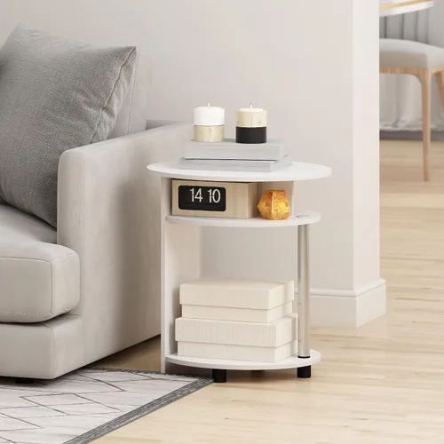Miniatura 2 de Furinno JAYA Mesa auxiliar ovalada de diseño simple con contenedor, roble blanco/cromo