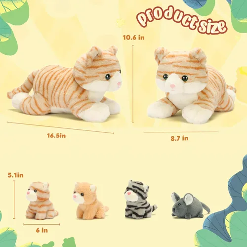 Miniatura 3 de IKASA Mamá gato atigrado naranja peluche mamá y gatitos bebé juguete de peluche lindo 16.5 pulgadas suave mamá pequeña juguete familiar con pequeños