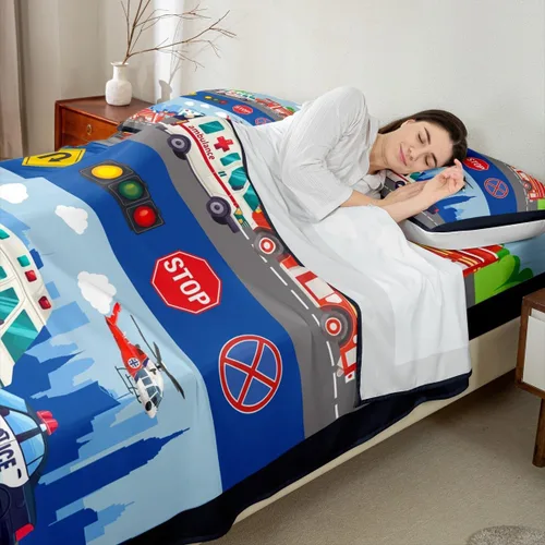 Miniatura 2 de Juego de sábanas de vehículos de rescate, tamaño individual, juego de ropa de cama de ambulancia de coche de policía, camión de bomberos, decoración