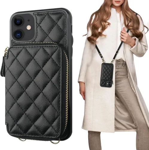 Bocasal Funda tipo cartera cruzada para iPhone 11, con bloqueo RFID, de piel sintética, con cremallera, funda tipo cartera con función atril y Negro
