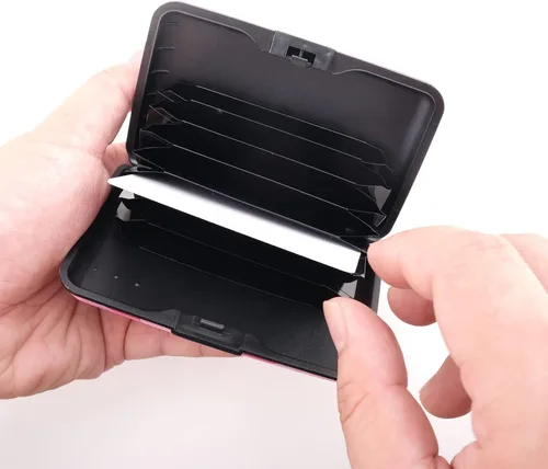 Miniatura 31 de Tarjetero de aluminio con bloqueo RFID para hombres y mujeres, elegante cartera de viaje con 7 ranuras, la mejor protección contra escaneos