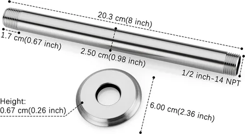 Miniatura 7 de Brazo de ducha de 8 pulgadas y brida de níquel cepillado, brazo de ducha montado en el techo para cabezal de ducha de lluvia