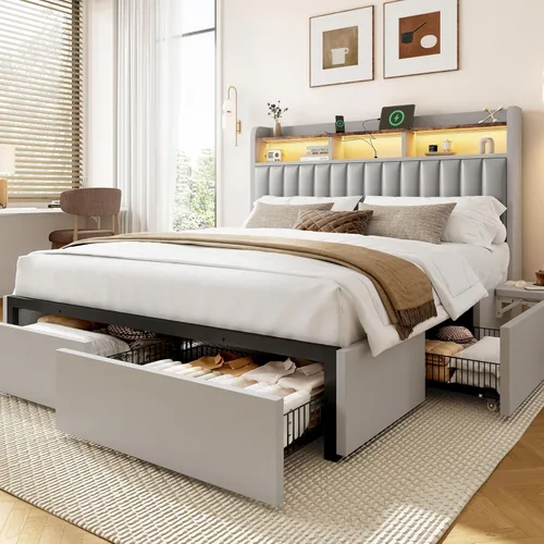 Miniatura 12 de BRELTAM Base de cama Queen con cabecero, 4 cajones de almacenamiento y escritorio ajustable integrado, estación de carga, fácil montaje, no necesita