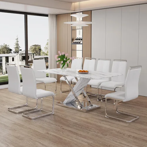 Miniatura 35 de Juego de mesa de comedor de mármol para mesa rectangular blanca de 4.63 pulgadas con marco de metal plateado en forma de X y 4 sillas de comedor