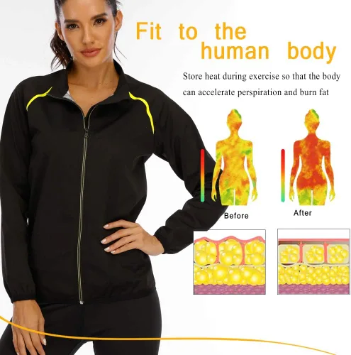Miniatura 5 de SEXYWG Chaqueta de sauna para mujer, adelgazante, traje de sauna, camisa de manga larga, para entrenamiento, moldeador de cuerpo Negro