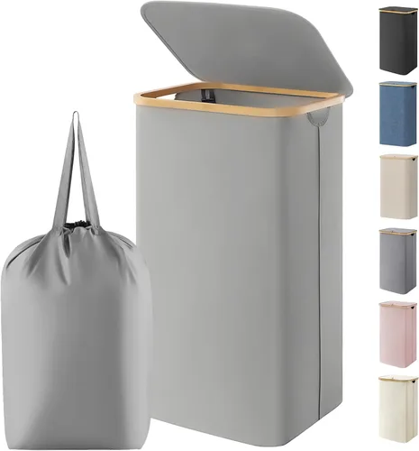 Miniatura 11 de Lifewit Cesta de ropa de 120L con tapa, cestas de ropa para lavandería con asas de bambú y una bolsa de lavandería extraíble, cesta plegable grande