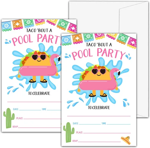 Invitaciones de cumpleaños para fiesta en la piscina, invitaciones de fiesta de cumpleaños, tarjetas de invitación de relleno de fiesta de taco a