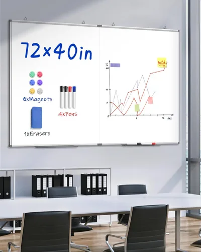 Miniatura 2 de Pizarra blanca magnética grande de borrado en seco de 72" x 40", tablero removible para colgar en la pared con 4 marcadores y 1 borrador seco y 6