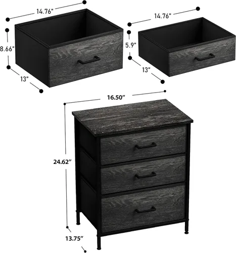 Miniatura 3 de Sorbus Cómoda de mesita de noche con 3 cajones de madera sintética, mesita de noche con almacenamiento, marco de acero, parte superior de madera