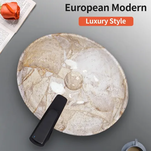 Miniatura 5 de Davivy Lavabo Ovalado de Veteado Nórdico de 16'' X 13'' con Desagüe Pop Up, Lavabo de Cerámica, Lavabos de Baño Sobre Encimera, Lavabos de Baño