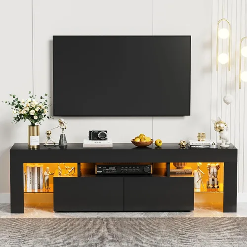 Miniatura 2 de YESHOMY Soporte de TV LED moderno negro para televisores de hasta 70 pulgadas con estantes de vidrio y cajón, centro de entretenimiento