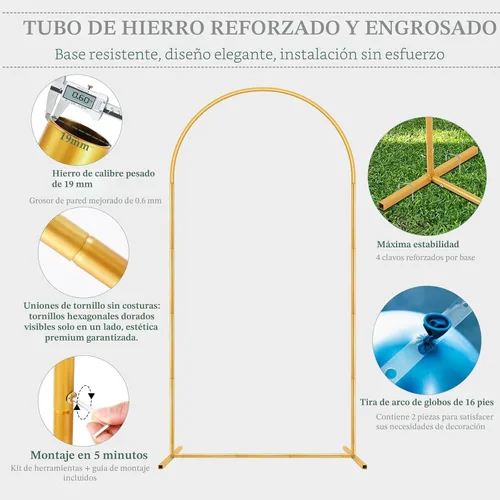 Miniatura 5 de WellSign Soporte de Arco de Fondo para Boda de 7.2 Pies, Juego de 6 Pies de 2, Kit de Soporte de Arco de Globos de Metal Dorado para Ceremonia