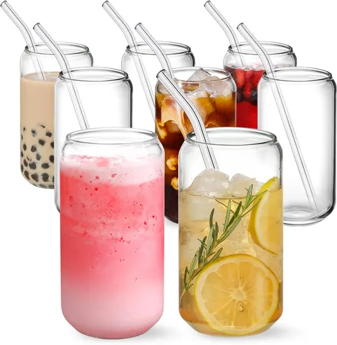 NETANY Juego de 8 piezas: vasos para beber con popote de vidrio, vasos de vidrio de 16 onzas, vasos de cerveza, vasos de café helado, lindo vaso,