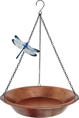 Baño colgante para pájaros para exteriores, comedero de pájaros de metal de cobre antiguo con cadenas negras inoxidables de 17 pulgadas para