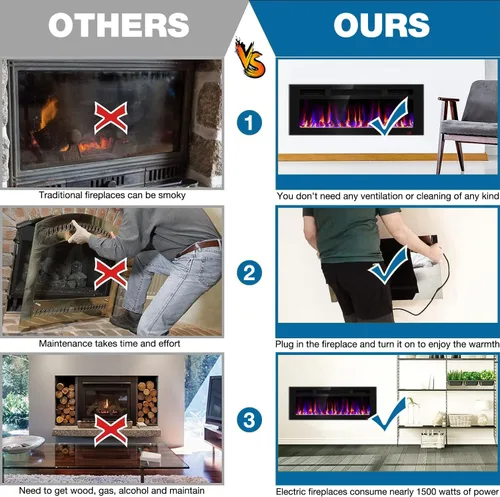 Miniatura 8 de Chimenea eléctrica de 43 pulgadas empotrada y montada en la pared, calentador de chimenea y chimenea lineal, chimenea eléctrica ultrafina, bajo
