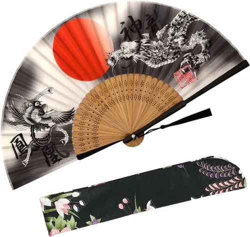 Zolee - Abanico de mano plegable para mujer - Abanico chino/japonés vintage de bambú y seda plegable - para sofocos, baile, actuación, decoración,