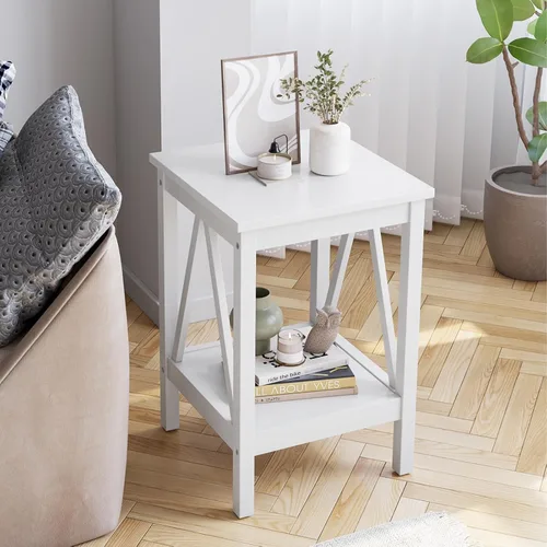 Miniatura 2 de IDEALHOUSE Mesa auxiliar para sala de estar, mesa auxiliar pequeña con estantes de almacenamiento de 2 niveles, mesas de noche redondas, mesa blanco