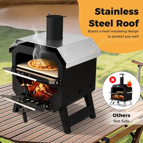 Miniatura 8 de Happygrill Horno de Pizza para Exteriores, Estufa de Pizza Portátil de 12" de leña con Piedra para Pizza, Pala para Pizza y Funda de Tela Oxford