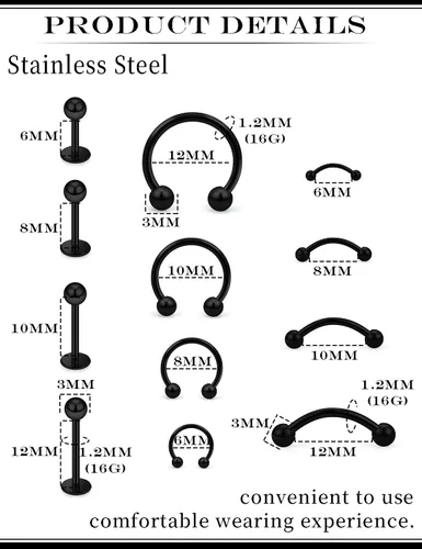 Miniatura 3 de 16G 20G Anillos de labio de herradura, septum, nariz, anillos de tragus de acero quirúrgico, hélice, caracola, torre, daith, snug, cartílago