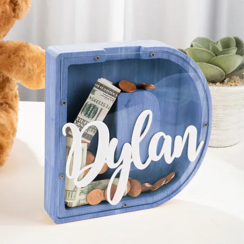 Miniatura 3 de callie Hucha personalizada con múltiples fuentes con texto multicolor grabado, caja de dinero personalizada de madera con inicial para niños