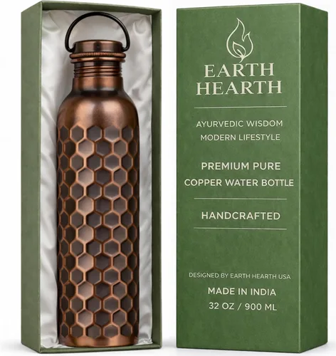 Miniatura 8 de Botella de agua de cobre puro de alta calidad de 32 onzas, diseño martillado, botella ayurvédica a prueba de fugas, hecha a mano, ecológica