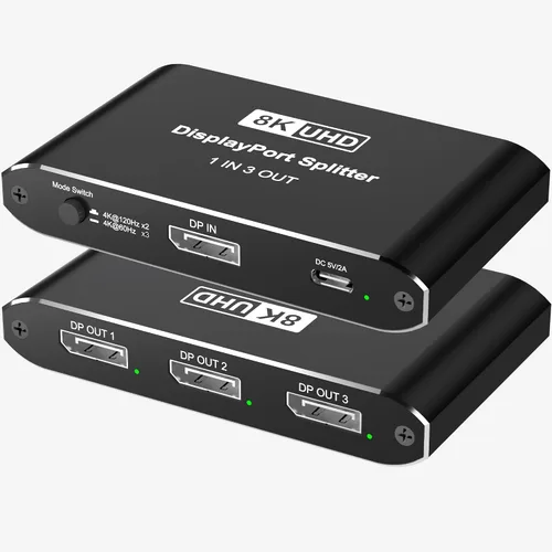 Displayport Splitter 1 en 3 salidas, 8K @60Hz, 4K @120Hz, Resolución DP 1.4 DisplayPort Switcher Box, soporte DSC, conmutador de puerto de pantalla