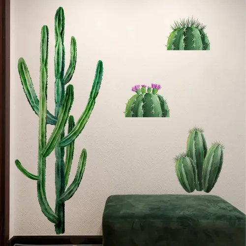 Miniatura 2 de Runtoo Calcomanía de pared de cactus bohemios, plantas botánicas verdes, calcomanías de pared para sala de estar, dormitorio, cocina, decoración