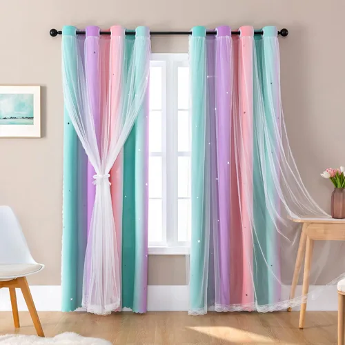 Miniatura 13 de XiDi Cortinas opacas con estrellas para habitaciones de niños, cortinas verdes para ventana de dormitorio de niños, azul y gris, 52 pulgadas de Azul