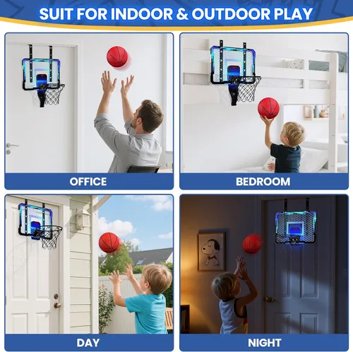 Miniatura 8 de QDRAGON Aro de baloncesto para interiores para niños, mini aros de baloncesto sobre la puerta con 7 luces LED, juguetes de baloncesto, regalos