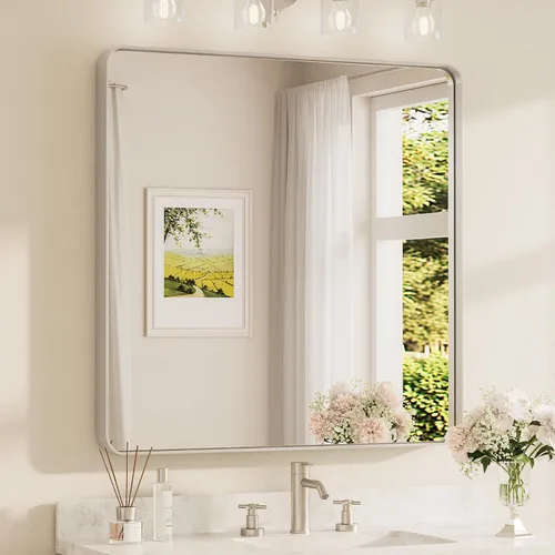 Miniatura 67 de TETOTE Espejo de marco dorado cepillado de 16 x 24 pulgadas, espejo de tocador de baño de latón dorado para pared, espejo enmarcado rectangular