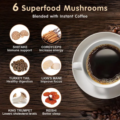 Miniatura 4 de Café de hongos, 6 hongos adaptogénicos con melena de león, cordyceps, cola de pavo y más, café instantáneo de hongos para concentración, energía