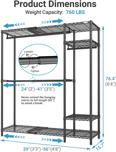 Miniatura 6 de VIPEK X20 - Perchero de metal expandible ajustable de 3 pies 3 pulgadas a 4 pies 8 pulgadas, percheros resistentes con estantes ajustables y barras