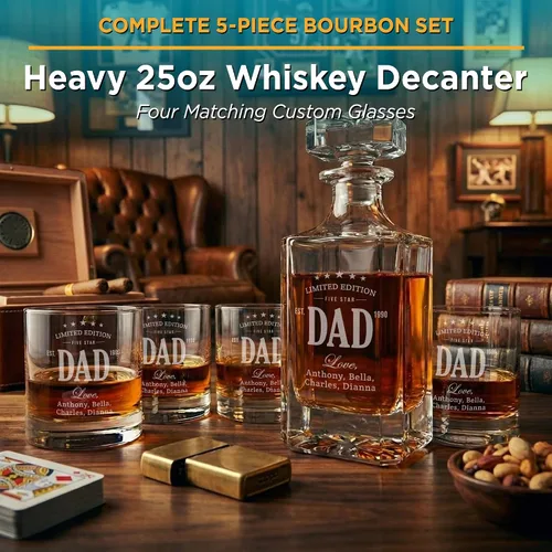 Miniatura 8 de Juego de decantador de whisky personalizado con vasos para papá, juegos de decantadores de bourbon personalizados, 4 diseños, vasos de whisky