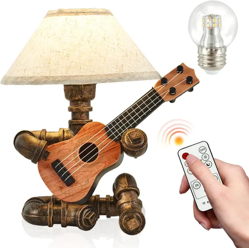 Lámpara de mesa de guitarra robot industrial vintage con bombilla, control remoto, temporizador, regulable, regalos geniales para amantes de la