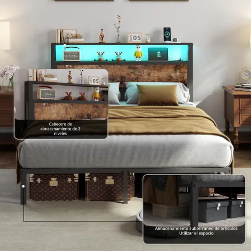 Miniatura 6 de Base de cama tamaño completo con cabecero, estructura de cama de plataforma metálica con luces LED y estación de carga, almacenamiento debajo