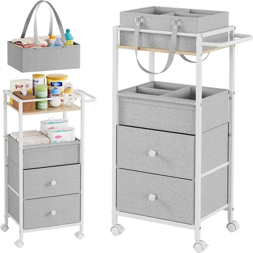 Miniatura 10 de Modanais Carrito organizador de pañales para bebé con cajones, carrito de almacenamiento rodante 3 en 1 con ruedas, organizador de pañales