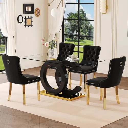Miniatura 12 de Juego de mesa de comedor de cristal de 63 pulgadas para 6, juego de mesa de comedor moderno para 6, mesa de vidrio templado con patas negras