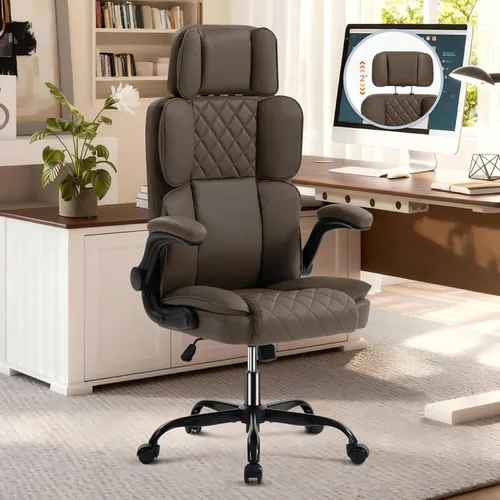 Miniatura 10 de Silla de oficina con reposacabezas ajustable, silla de escritorio ejecutiva de cuero para oficina en casa, con brazos abatibles y soporte lumbar