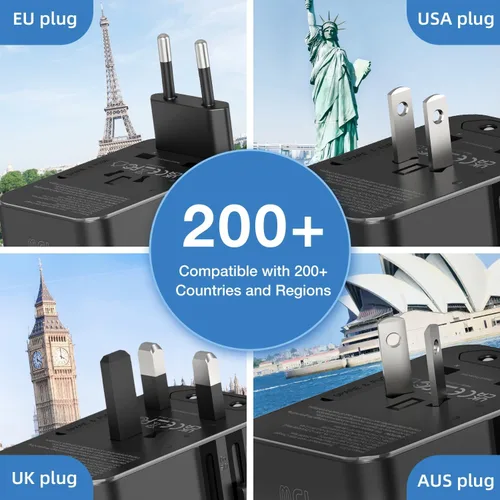 Miniatura 6 de Adaptador de viaje universal de 45 W - Enchufe compacto con 3 puertos USB-C y 2 puertos USB-A para UE/Reino Unido/US/AU, adaptador de corriente Azul