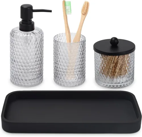 Miniatura 10 de Conjunto de accesorios de baño, 4 piezas de accesorios de baño de vidrio ámbar - Dispensador de jabón de loción, soporte para cepillo de dientes
