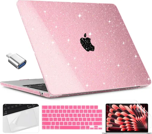 TWOLSKOO Compatible con funda para MacBook Air M4 de 15 pulgadas versión 2025-2023 M4 A3241 M3 A3114 M2 A2941, carcasa rígida de plástico y rosado