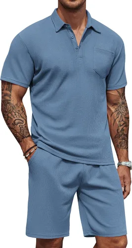 COOFANDY - Conjunto de polo y pantalones cortos de punto acanalado para hombre, 2 piezas, atuendo de verano, traje casual deportivo con bolsillos